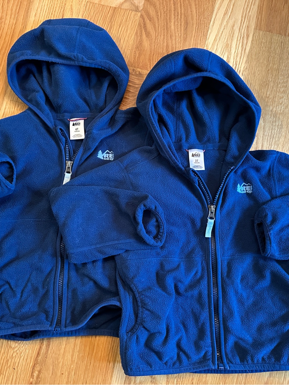 REI Co-op navy blue full-zip fleece hoodies — one size 3T and one size 4T Bundle